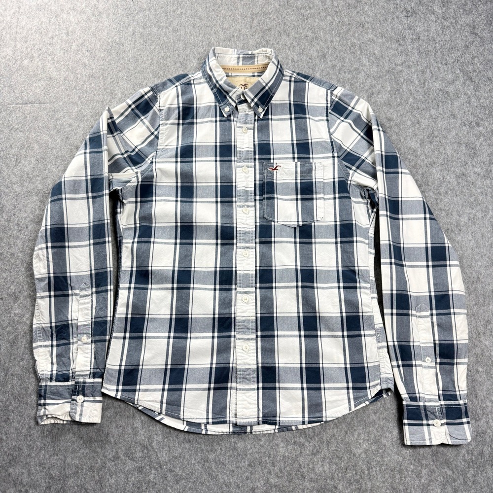 Hollister Men's Shirt Large Blue White Logo Plaid Long Sleeve Button Down Y2K